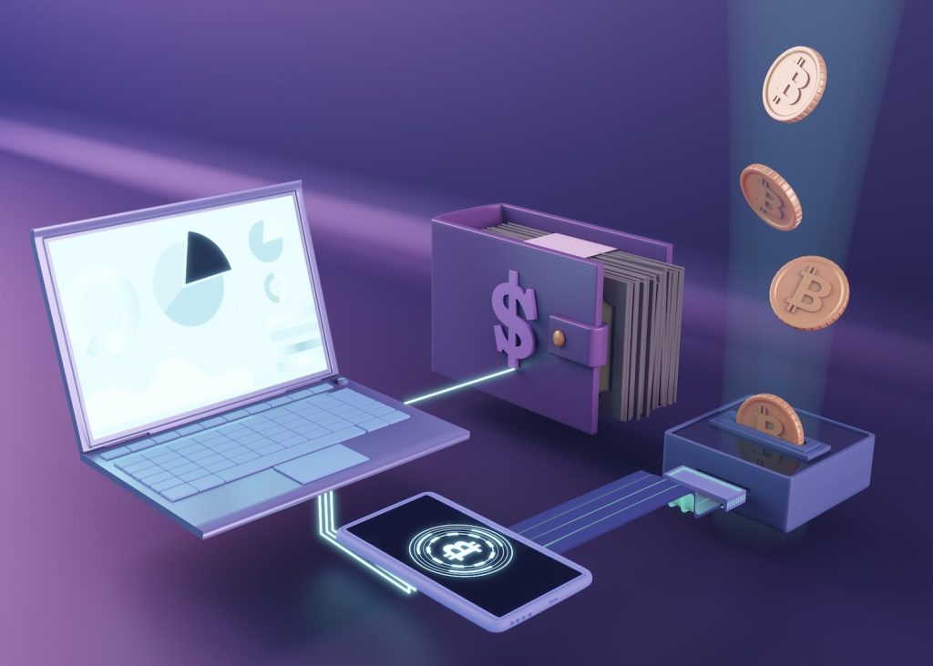 3D illustration of laptop and smartphone connected to a digital wallet with Bitcoin coins, symbolizing automated cryptocurrency trading and digital transactions.