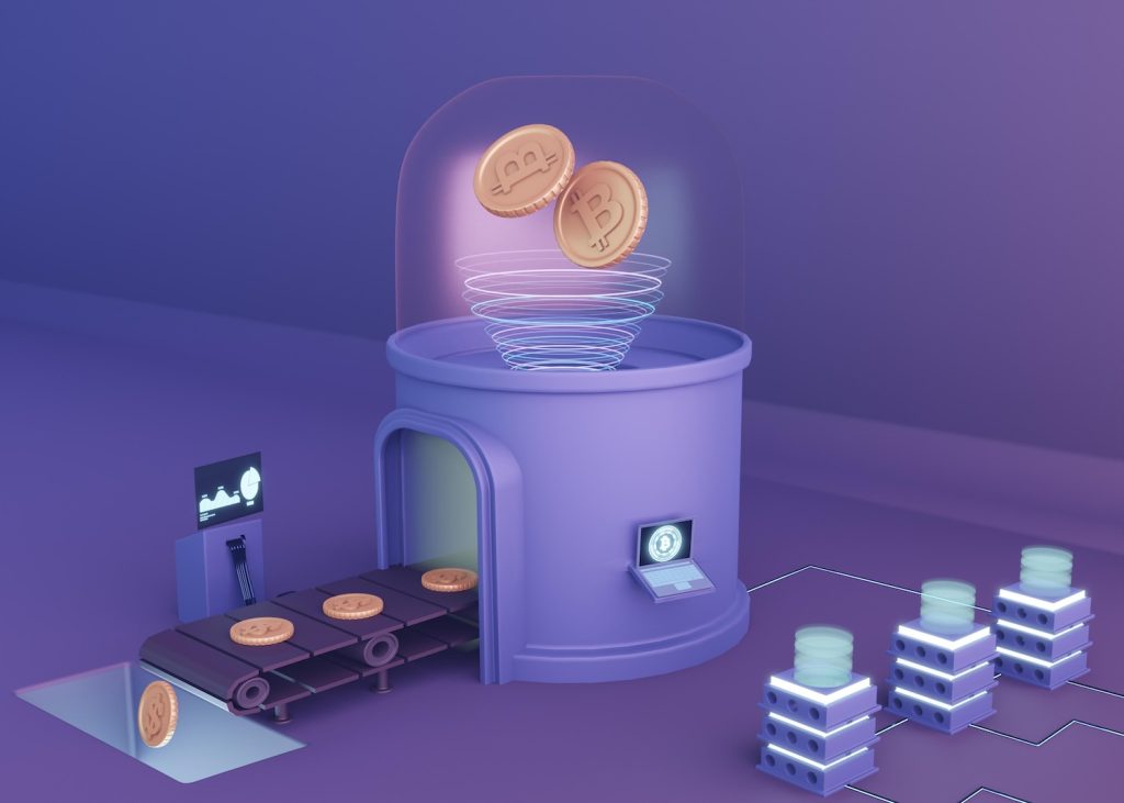futuristic machine, symbolizing cryptocurrency generation and trading automation.