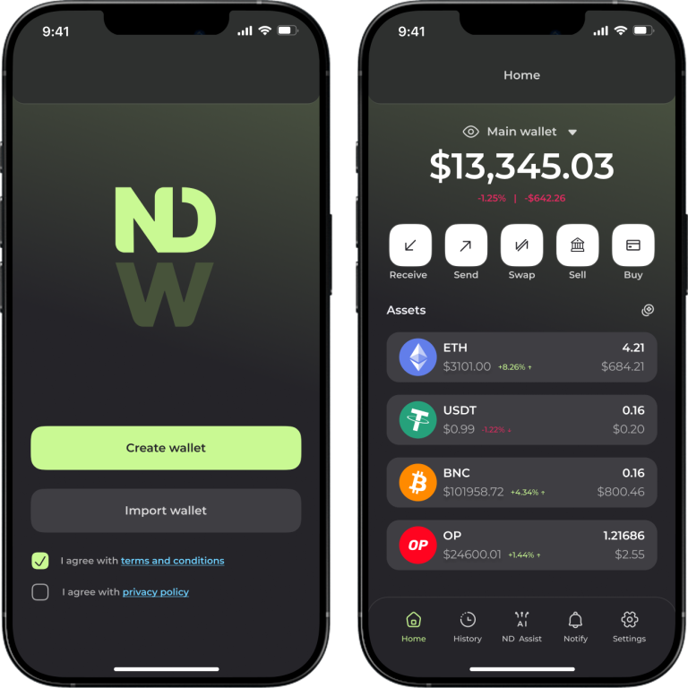 NDWallet mobile UI preview showing onboarding screen, multi-chain crypto asset dashboard with ETH, USDT, BTC balances, and transaction history — example of branded non-custodial wallet interface.